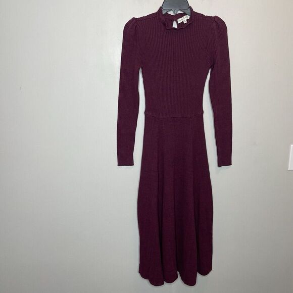 PAMELA LOVE Midi Sweater Dress Women Medium Maroon Long Sleeve A-Line Knit - Picture 2 of 15